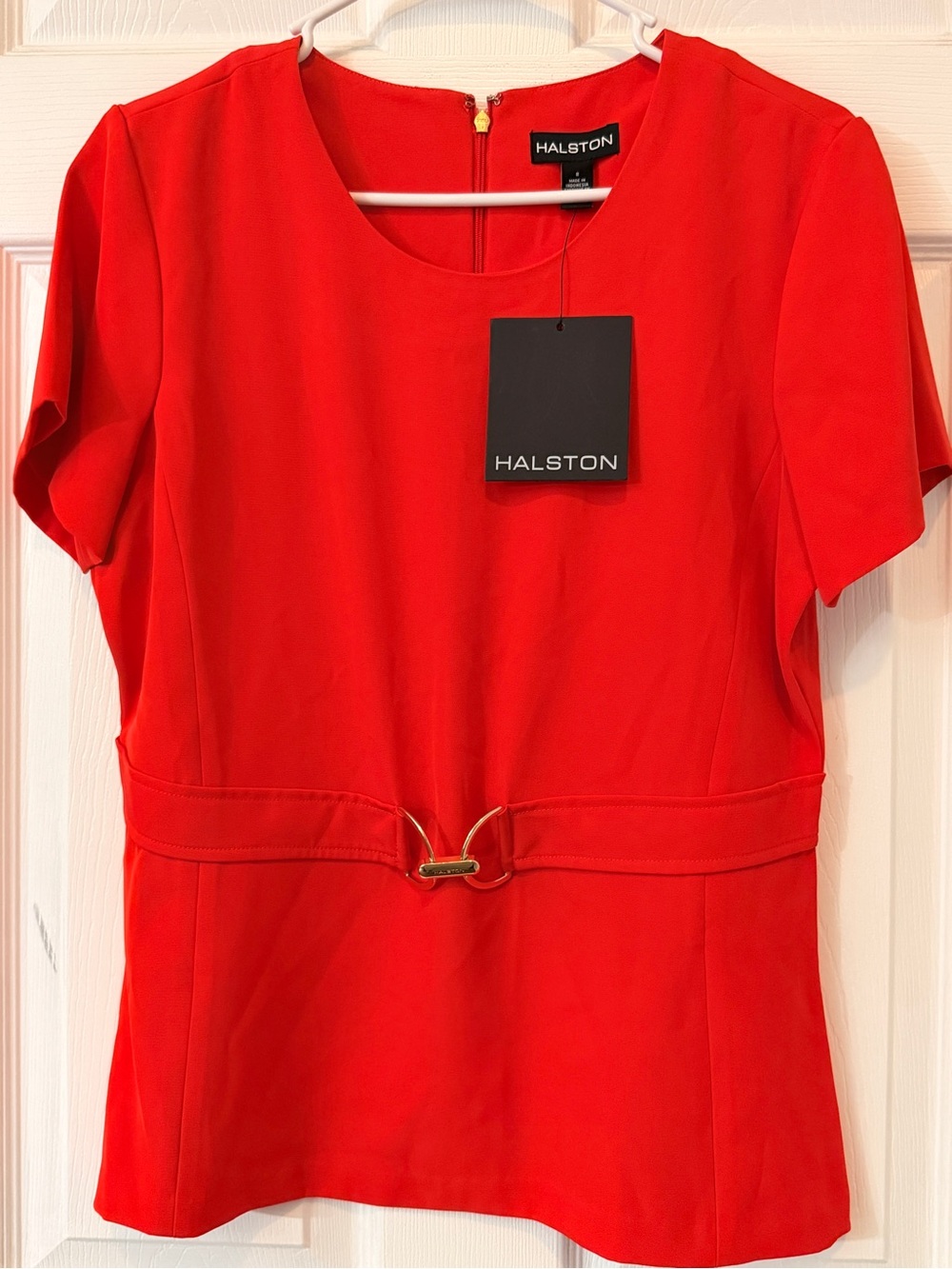 Halston Heritage Red Short-Sleeve Waist-Buckle Top